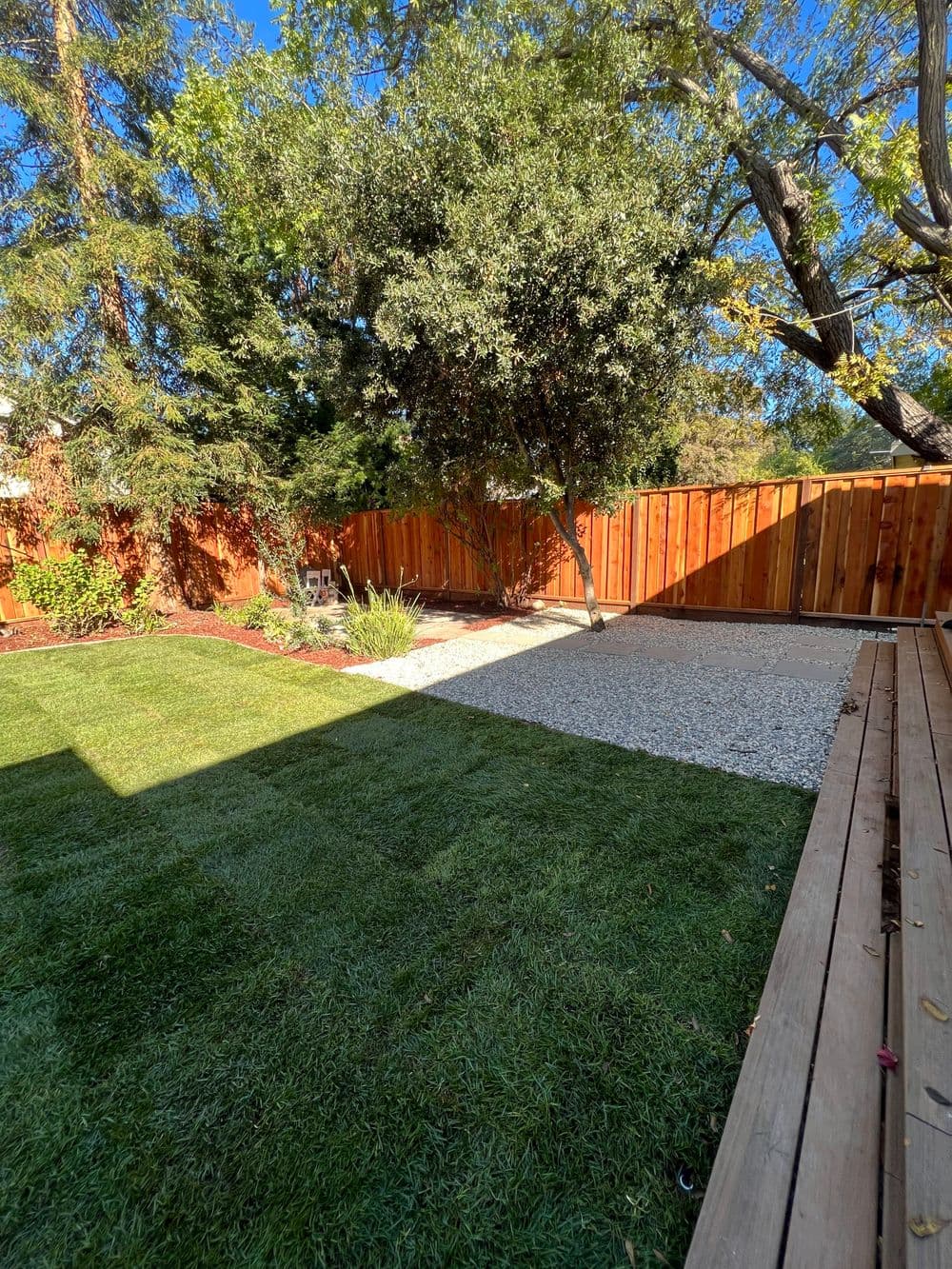 Lush backyard with manicured lawn, gravel area, and shaded tree in a sunny setting.